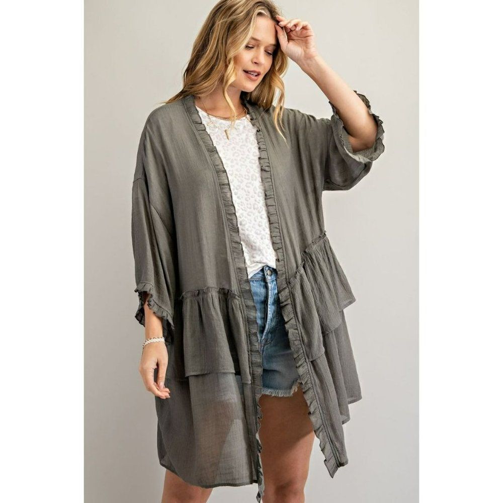 Easel Lightweight Half Sleeve Double Ruffled Open Long Cardigan Ash Green ET3297